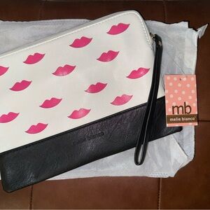 Melie Bianco Black and White Clutch with Pink Lips